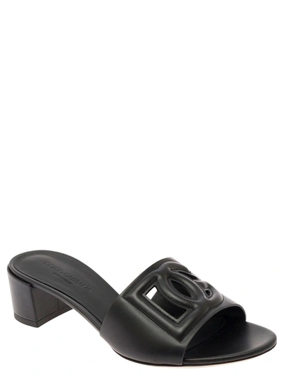 Shop Dolce & Gabbana Black Mules With Low Heel And Dg Cut-out In Smooth Leather Woman