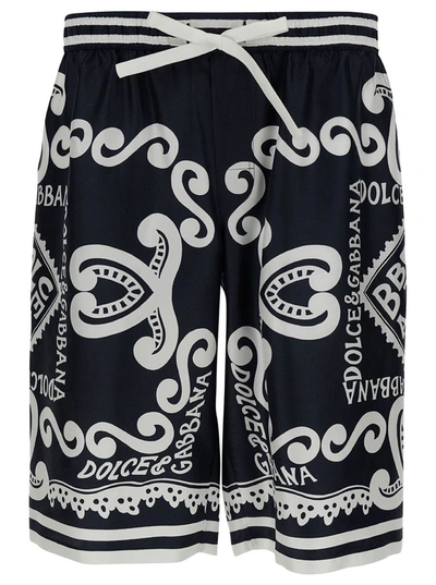 Shop Dolce & Gabbana Blue Bermuda Shorts With Marina-print In Silk Woman