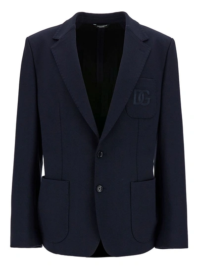 Shop Dolce & Gabbana Blue Single-breasted Jacket With Tonal Dg Logo Embroidery In Viscose Blend Man