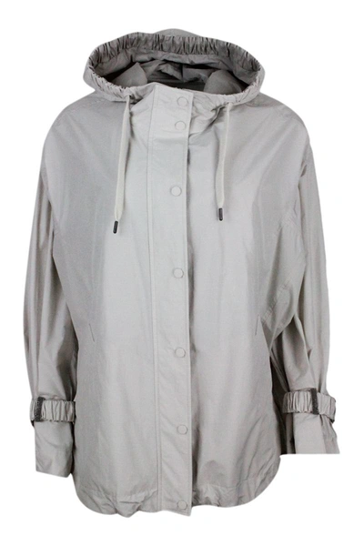 Brunello Cucinelli Water Resistant Outerware Jacket With Hood And Drawstring Hem. Curl On The Sleeve With Precious Jewe In Gesso