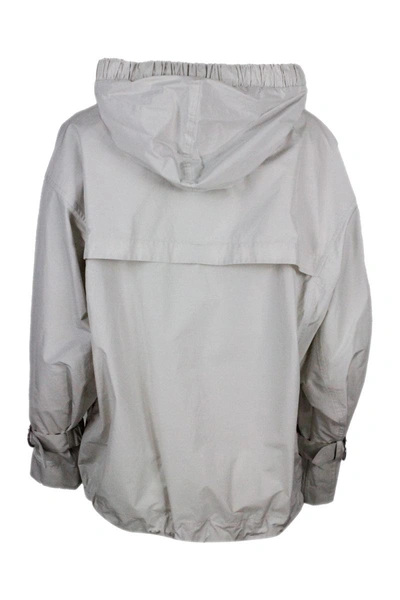 Brunello Cucinelli Water Resistant Outerware Jacket With Hood And Drawstring Hem. Curl On The Sleeve With Precious Jewe In Gesso