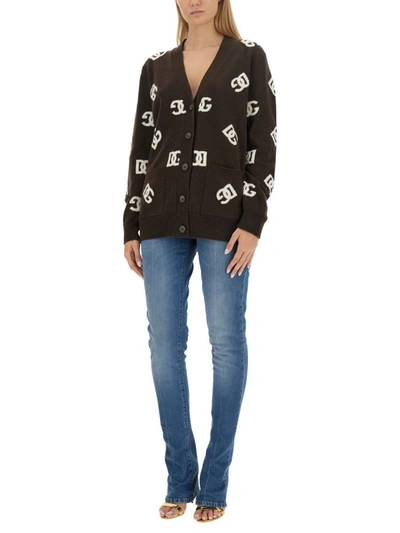 Shop Dolce & Gabbana Cardigan With Logo Inlay In Brown