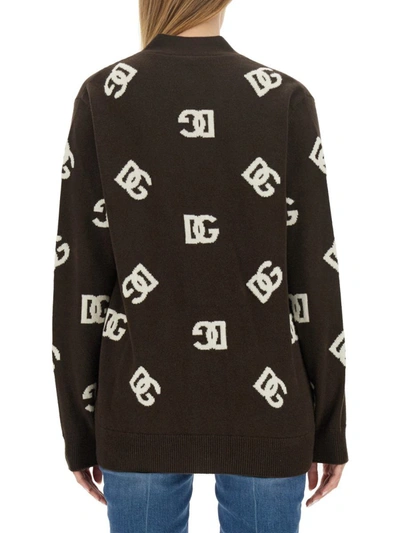 Shop Dolce & Gabbana Cardigan With Logo Inlay In Brown