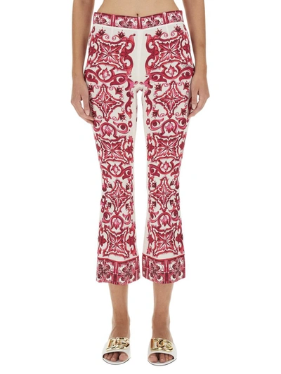 Shop Dolce & Gabbana Majolica Print Charmeuse Pants In Fuchsia