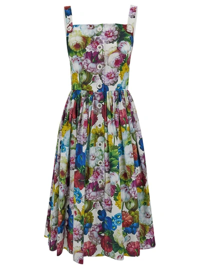 Shop Dolce & Gabbana Midi Multicolor Dress With All-over Floreal Print And Flared Skirt In Cotton Woman