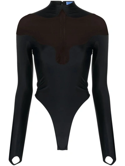 Shop Mugler Paneled Bodysuit With Sheer Neckline In Black