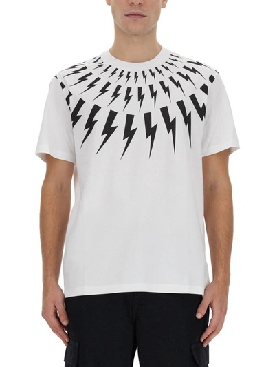 Shop Neil Barrett "fairisle Thunderbolt" T-shirt In White