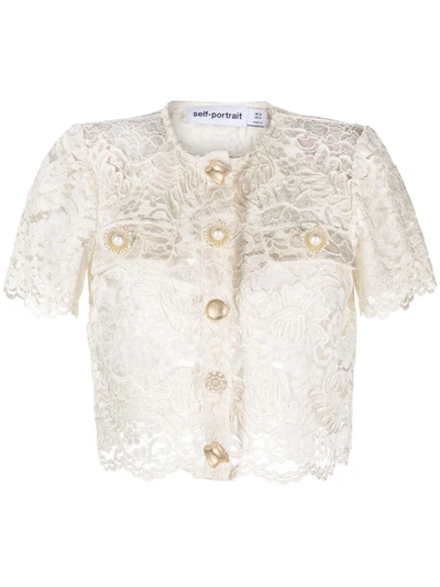 Shop Self-portrait Corded Lace Top With Decorated Buttons In Nude & Neutrals