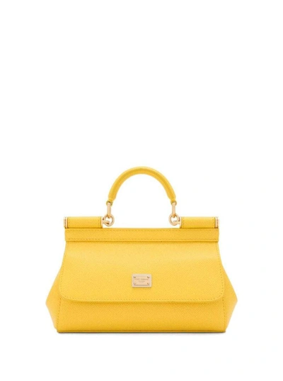 Shop Dolce & Gabbana 'small Sicily' Yellow Handbag With Logo Plate In Leather Woman