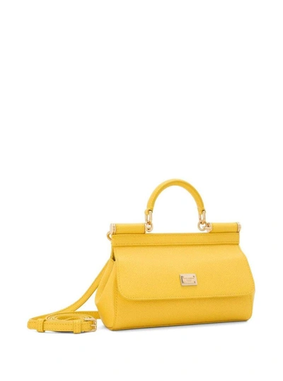 Shop Dolce & Gabbana 'small Sicily' Yellow Handbag With Logo Plate In Leather Woman