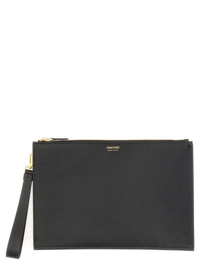 Shop Tom Ford Flat Leather Pouch In Black