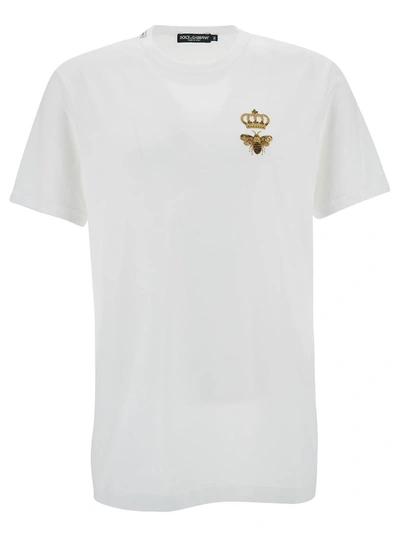Shop Dolce & Gabbana White Crewneck T-shirt With Bee And Crown Print In Cotton Man