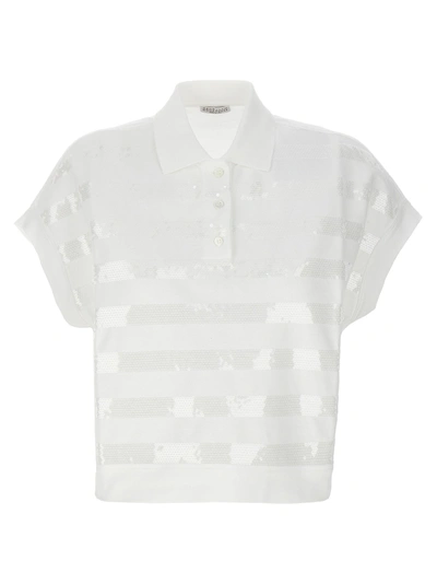 Shop Brunello Cucinelli Sequin Striped Shirt Polo In White