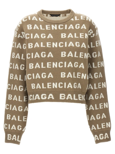 Shop Balenciaga All Over Logo Sweater Sweater, Cardigans In Beige