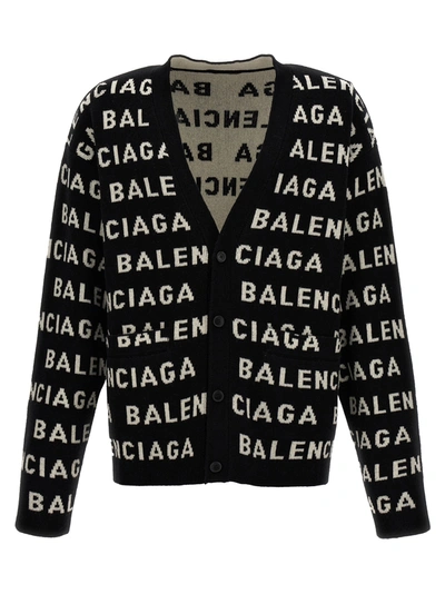 Shop Balenciaga All Over Logo Cardigan Sweater, Cardigans In White/black