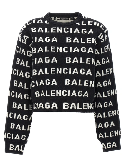 Shop Balenciaga All Over Logo Sweater Sweater, Cardigans In White/black