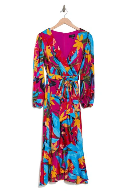 Shop Tahari Asl Floral Long Sleeve Faux Wrap Midi Dress In Wild Berry