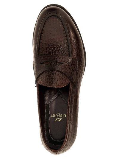 Shop Lidfort Croc Print Leather Loafers Brown