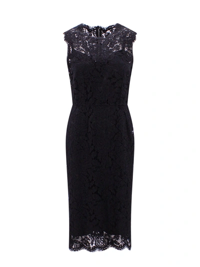 Shop Dolce & Gabbana Logoed Stretch Lace Longuette Dress