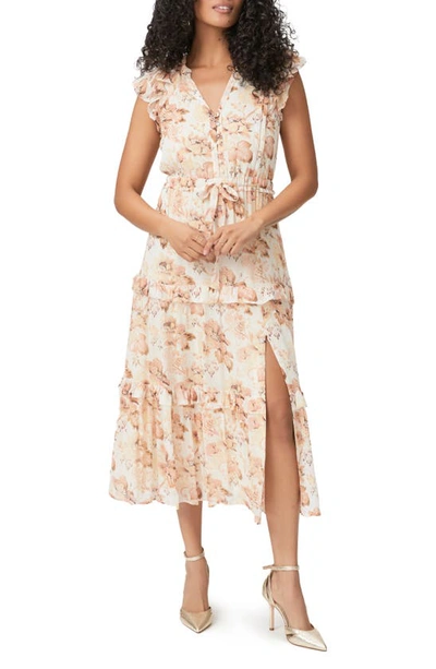 Shop Paige Rozlyn Floral Tiered Silk Midi Dress In Cream Multi