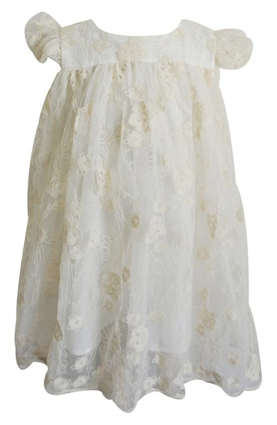 Shop Popatu Floral Embroidered Flutter Sleeve Party Dress In Ivory