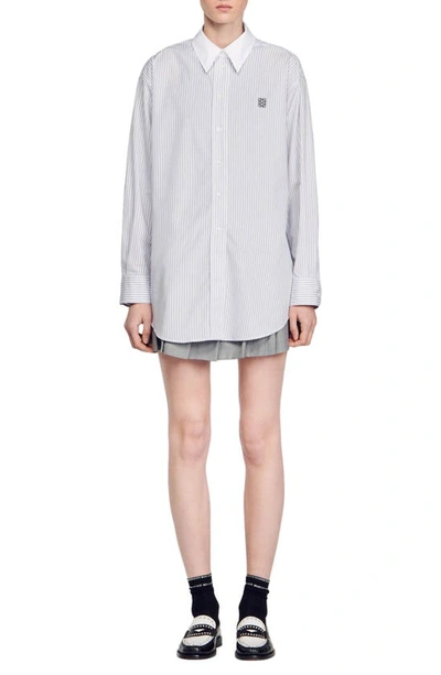 Shop Sandro Oversize Stripe Button-up Shirt In Grey / White