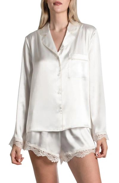 Shop In Bloom By Jonquil Felicity Lace Trim Long Sleeve Satin Shorts Pajamas In Off White