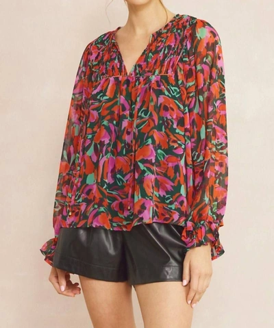 Shop Entro Printed Long Sleeve Blouse In Hunter Green Floral In Multi