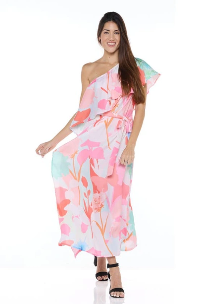 Shop Ranee's Floral One Shoulder Ruffle Belted Maxi Dress In Pink