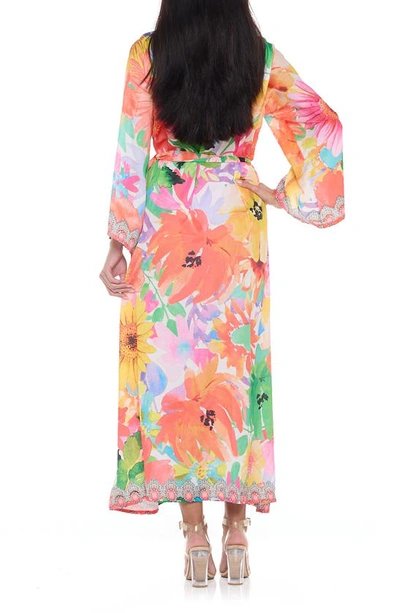 Shop Ranee's Floral Long Sleeve Wrap Duster In Orange