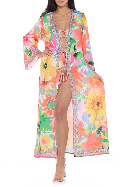 Ranee's Floral Long Sleeve Wrap Duster In Orange