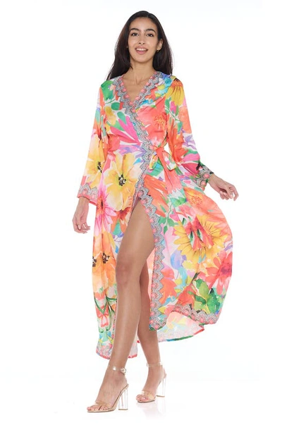 Ranee's Floral Long Sleeve Wrap Duster In Orange