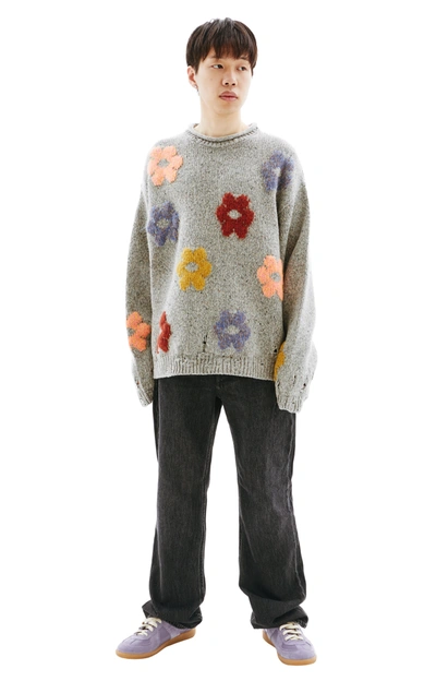 Shop Acne Studios Floral Wool Blend Sweater In Grey Melange