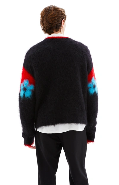Shop Marni V-neck Flower Sweater In Fln99 Black/red/blue