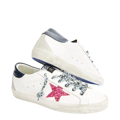 Shop Golden Goose Super-star Leather Sneakers W/glitter Star In White/fucsia/blue