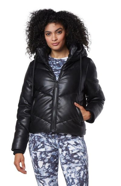 Shop Marc New York Hooded Faux Leather Puffer Jacket In Black