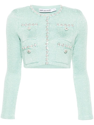 Shop Self-portrait Cropped Cardigan With Sequins In Blue