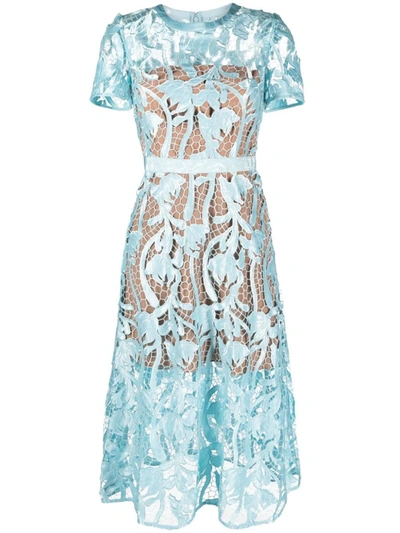 Shop Self-portrait Flared Midi Dress In Guipure Lace In Blue