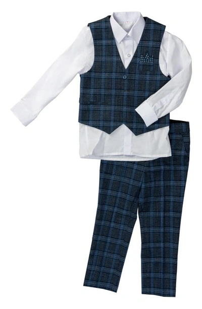Shop Isaac Mizrahi New York Kids' Check Button-up Shirt, Vest & Pants Set In Navy