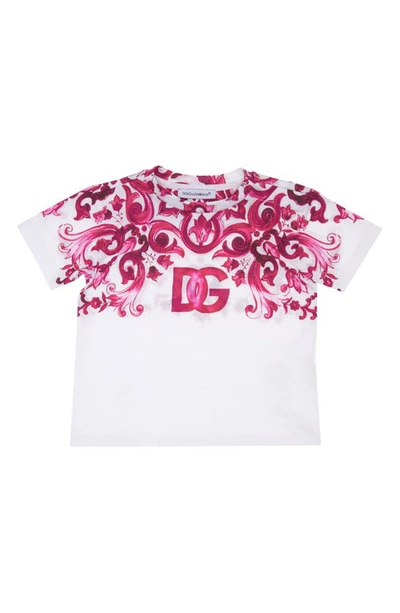Shop Dolce & Gabbana Majolica Print Cotton Logo Tee In Fuchsia Multiprint