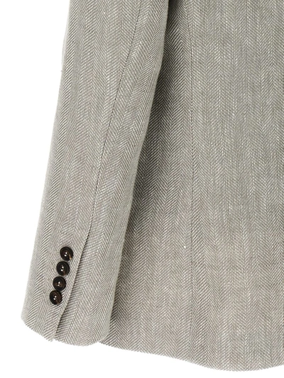 Shop Brunello Cucinelli Chevron Linen Double-breasted Blazer In Gray