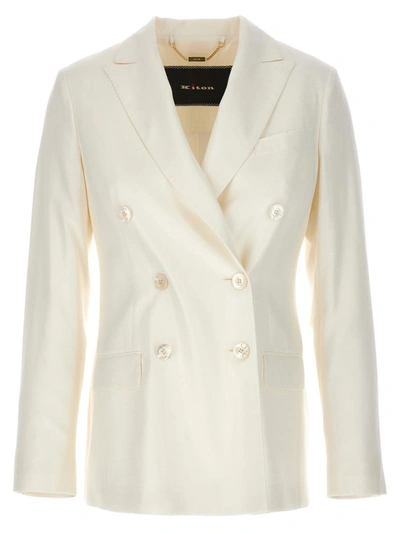 Shop Kiton Viscose Double-breasted Blazer In White