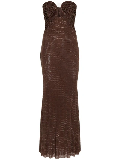 Shop Self-portrait Maxi Dress Embellished With Rhinestones In Brown