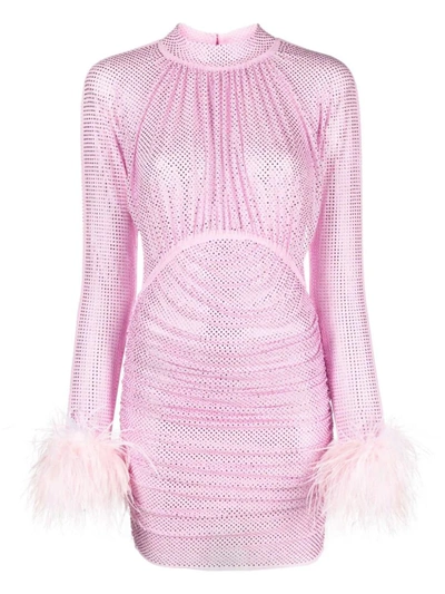 Shop Self-portrait Mesh Dress With Rhinestones And Feather Details In Pink & Purple