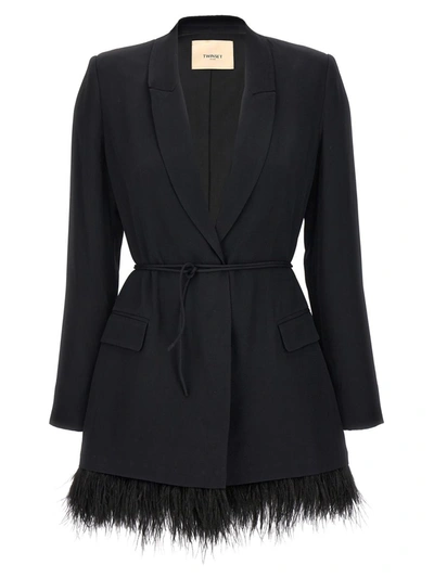 Shop Twinset Feather Blazer Dress In Black