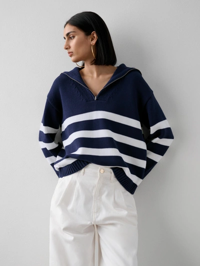 Shop White + Warren Organic Cotton Striped Quarter Zip Sweater In Navy Blue/white