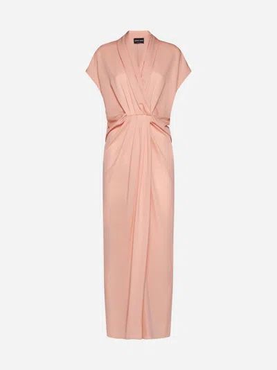 Shop Giorgio Armani Silk Long Dress In Peach Beige