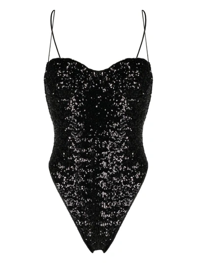 Shop Oseree Oséree High-leg Swimsuit Embellished With Sequins In Black