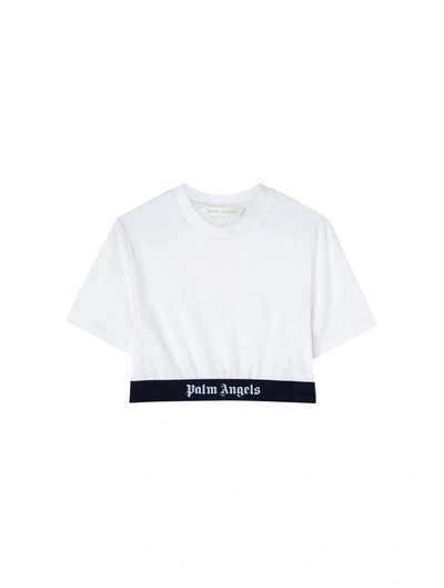 Shop Palm Angels T-shirt Cropped Con Banda Logo In White
