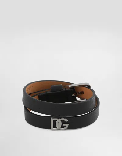 Dolce & Gabbana Logo-plaque Calfskin Bracelet In Black